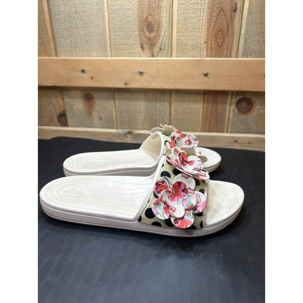 Womens Crocs Floral Slide Sandals Size 11 White with Flowers Iconic Comfort